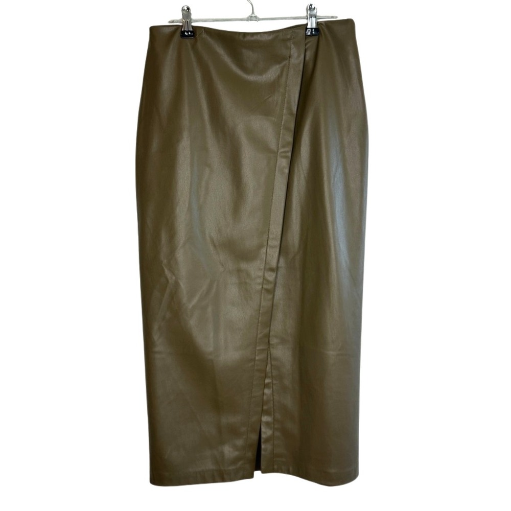 Zara Faux Leather Midi Skirt Olive Green Size Medium NWT - Picture 2 of 9
